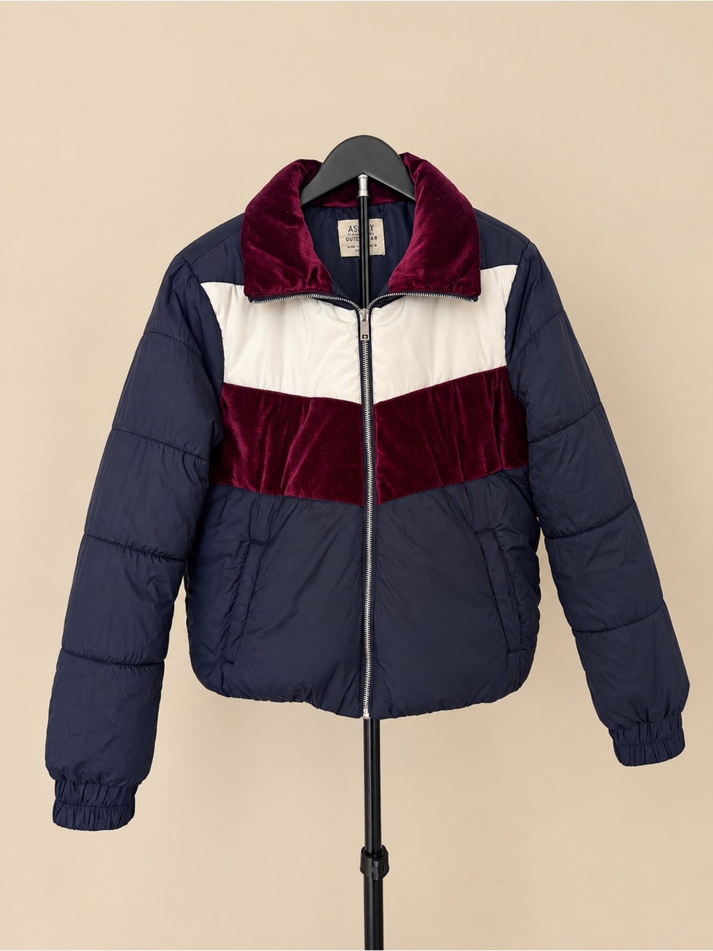 Ashley By 26 International Navy, Burgundy & White Colorblock Puffer Jacket
